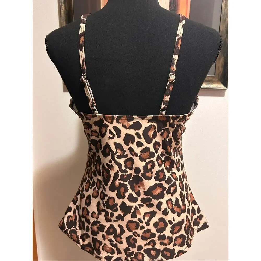 Tempt Me Leopard Print Tankini Swim Top ONLY Size L High Neck Ruched Tummy Contr - Picture 3 of 10